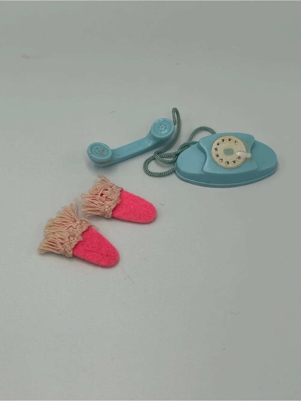 Mattel Vintage Barbie Light Blue Toy Rotary Phone with Pink Fuzzy Slippers